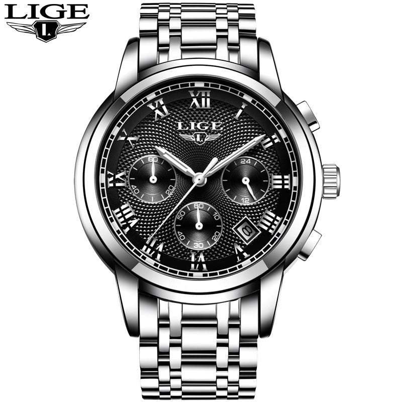 Men's Watch LIGE Brand Sports Business Waterproof Multi-Function Three-Eye Corrugated Watch