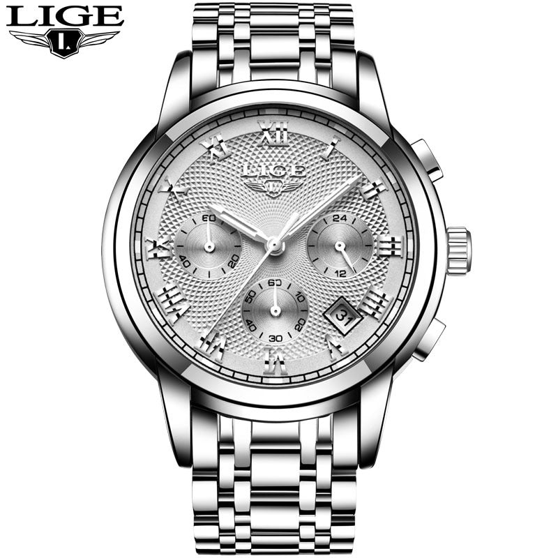 Men's Watch LIGE Brand Sports Business Waterproof Multi-Function Three-Eye Corrugated Watch