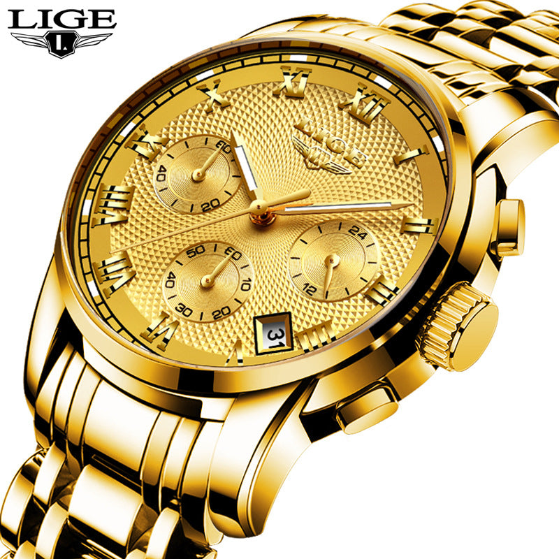 Men's Watch LIGE Brand Sports Business Waterproof Multi-Function Three-Eye Corrugated Watch