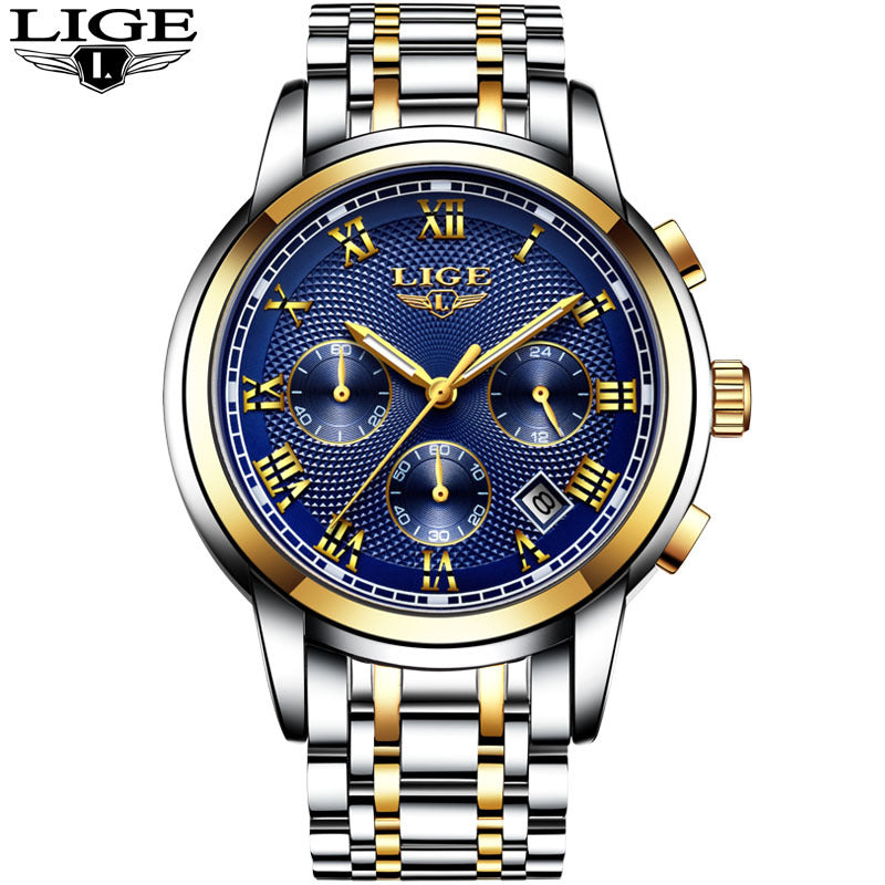 Men's Watch LIGE Brand Sports Business Waterproof Multi-Function Three-Eye Corrugated Watch