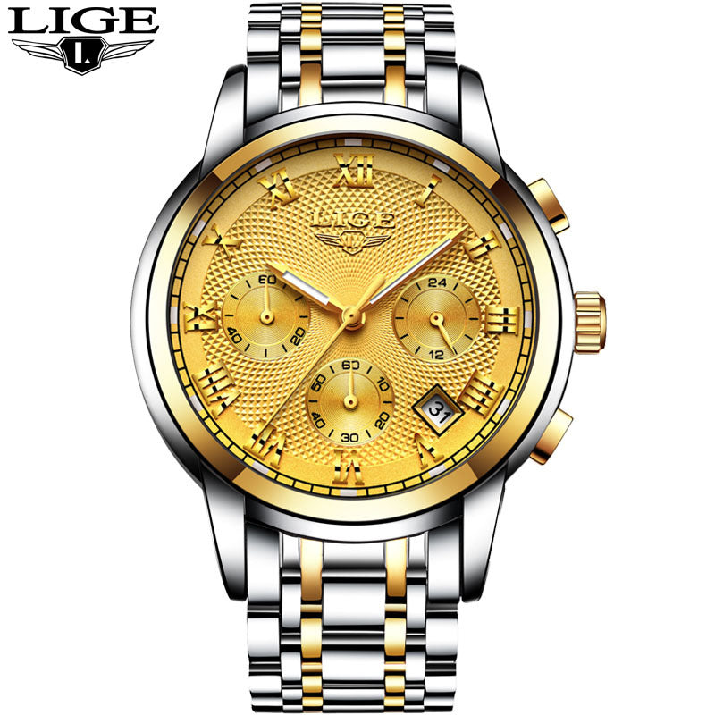 Men's Watch LIGE Brand Sports Business Waterproof Multi-Function Three-Eye Corrugated Watch