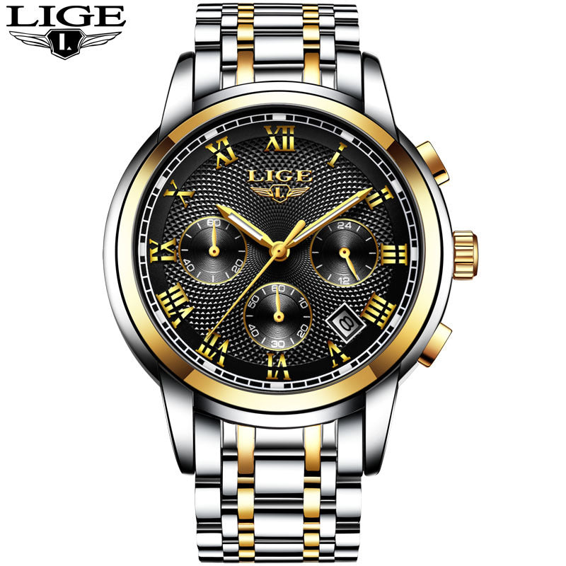 Men's Watch LIGE Brand Sports Business Waterproof Multi-Function Three-Eye Corrugated Watch