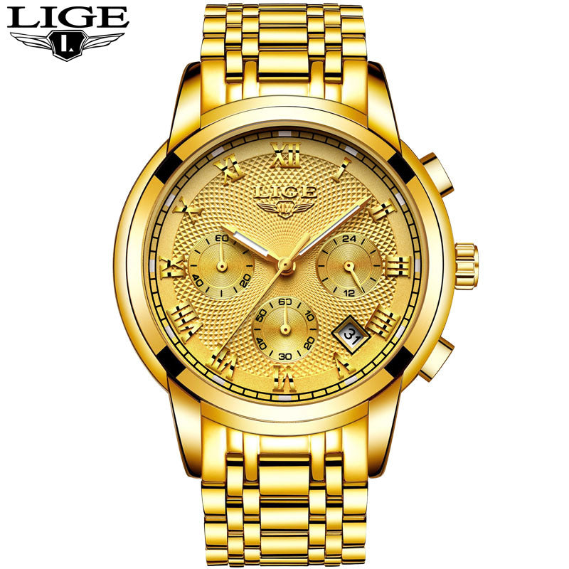 Men's Watch LIGE Brand Sports Business Waterproof Multi-Function Three-Eye Corrugated Watch