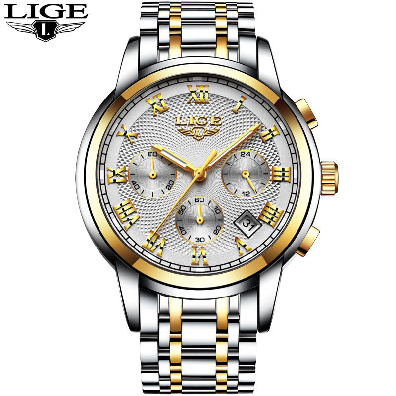 Men's Watch LIGE Brand Sports Business Waterproof Multi-Function Three-Eye Corrugated Watch