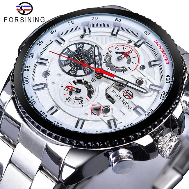 Forsining Three Dial Calendar Stainless Steel Men Mechanical Automatic Wrist Watches Top Brand Luxury Military Sport Male Clock