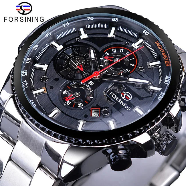 Forsining Three Dial Calendar Stainless Steel Men Mechanical Automatic Wrist Watches Top Brand Luxury Military Sport Male Clock